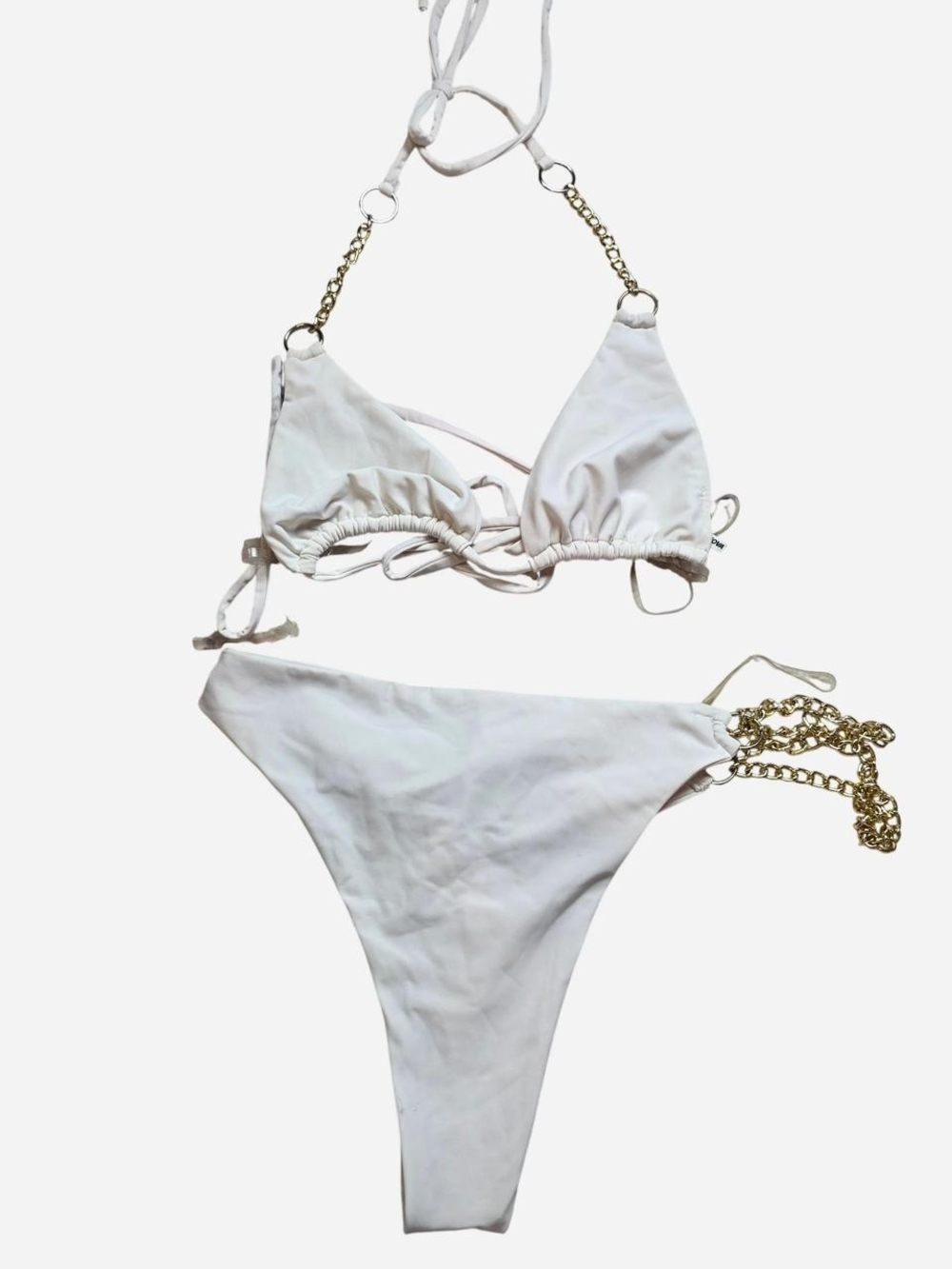 Fashion Nova White Triangle Bikini with Gold Chain Accents